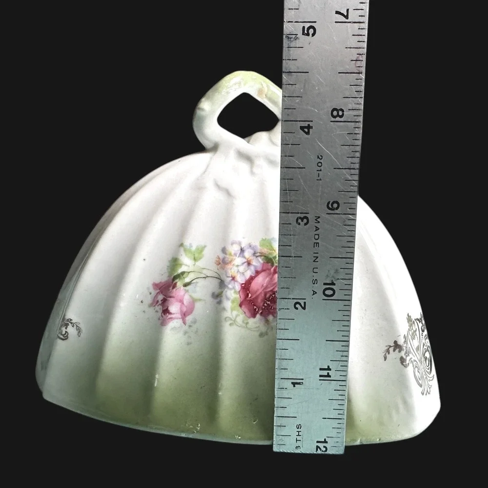Antique Victorian Porcelain Cheese Butter Dome Rose Floral Green‎ Gold Crest 2pc